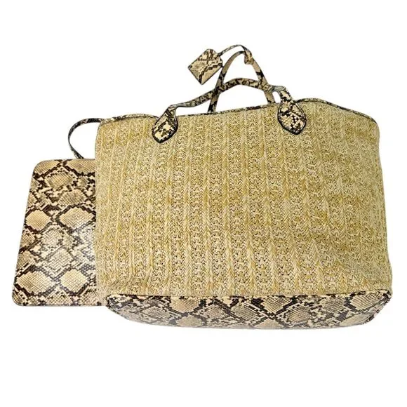 Steve Madden Tote Natural Tan Woven Straw Snakeskin Trim Bonus Pouch - Picture 3 of 12